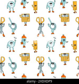y2k school groovy seamless pattern. Childrens pattern with school supplies and y2k elements. Education repeating background with stationery, trendy retro groovy characters. Fabric childish design. Stock Vector