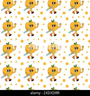 y2k school groovy seamless pattern. Childrens pattern with school supplies and y2k elements. Education repeating background with stationery, trendy retro groovy characters. Fabric childish design. Stock Vector