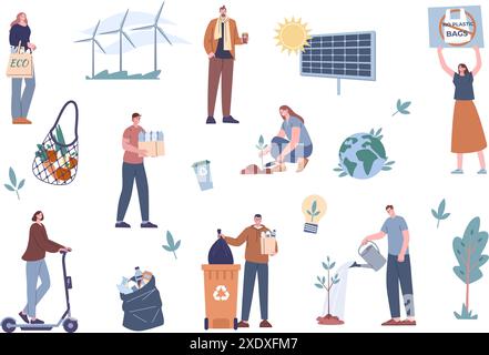 Eco friendly characters. People protecting nature, using sun energy panels. Person collect and sorting waste. Save environment kicky vector scenes Stock Vector
