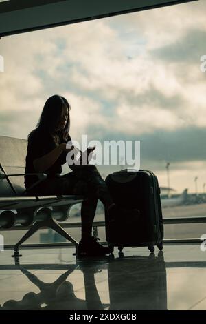 A woman with her suitcase checks her mobile phone at the airport while the cloudy sky is seen in the background. Stock Photo