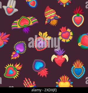 Mexican hearts pattern authentic symbols of mexican people hearts in flame and eyes seamless background Stock Vector
