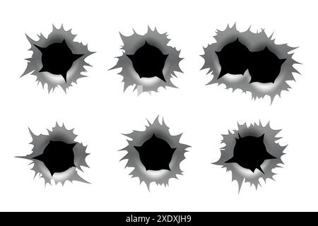 Bullet holes set isolated on white background. Realistic ragged metal holes row. Damage effect Stock Vector