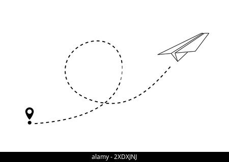 Paper plane flying forward in air with line path vector illustration. Realistic white handmade origami aeroplane, flight of airplane with trail as Stock Vector