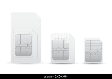 Set of different sizes SIM cards. White SIM, micro and nano cards with chrome chip for mobile phone. Vector gsm simcards 3d design isolated on white Stock Vector