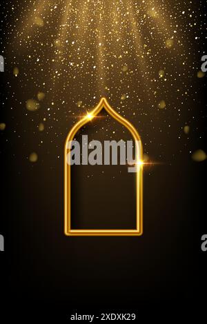 Arabic gold arch under lights isolated on dark shining background. 3D islam window architecture shape for muslim holidays, design element door, golden Stock Vector