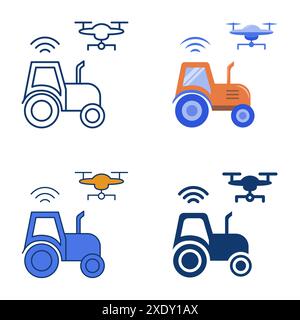 Agritech, digital farming icon set in flat and line style. Smart tractor and copter. Vector illustration Stock Vector