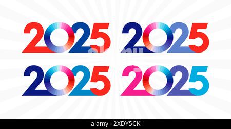 Collection of 2025 new year icons. 2025 fiscal year logo with red, blue and white colors. Creative radial beams background. Set of holiday symbols. Stock Vector