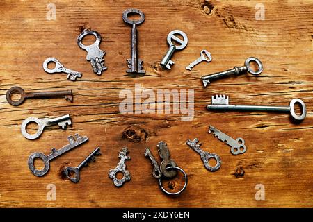 Retro keys for locks on wooden board Stock Photo