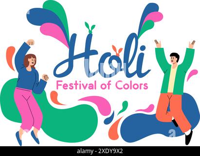 Holi festival of colors greeting card. People cheering and having a good time, decorative blobs of colour - vector illustration Stock Vector