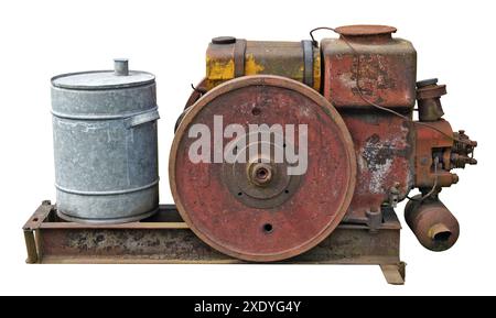 Retro  small  tractors  diesel engine  whith  wheel isolated Stock Photo