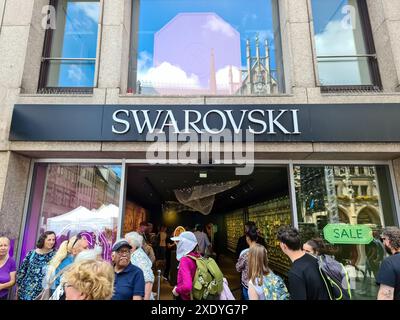 Munich, Germany - 22 June 2024: The entrance area of a Swarowski brand shop in Munich city centre Stock Photo