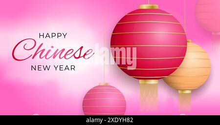 Year of the snake banner design, Chinese new year 2025 red lampion with cute pink gradient background Stock Vector
