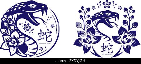 Happy Chinese new year 2025 Zodiac sign, year of the Snake 2025 with blue flat vector design Stock Vector