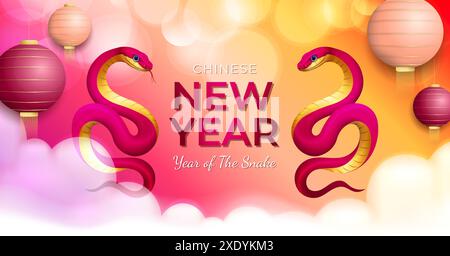 Year of the snake banner design, red Snake with cute pink lantern or lampion and cloud background Stock Vector