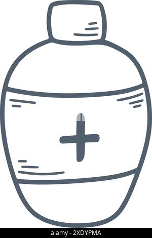 Hand sanitizer jar doodle sketch style illustration. Simple ink hand drawn vessel with disinfectant. Bottle with cross, isolated clip art, vector Stock Vector