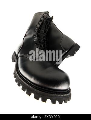 Ultra wide angle view on pair of black leather 10-inch new military combat boots, isolated on white background Stock Photo