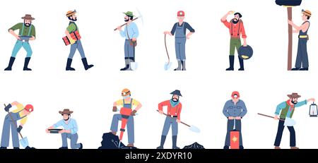 Gold miners characters. Men launder golden, sift and look for jewelry. Diggers and professional miner with equipment for work in mine, recent vector Stock Vector