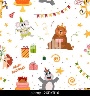 Birthday animals seamless pattern. Celebrating childish fabric print, wrapping paper design. Bear with cake, koala hedgehog hippo, classy vector Stock Vector