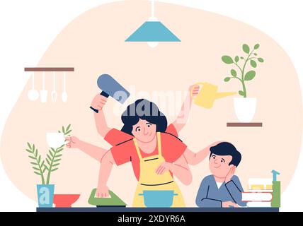 Multitasking woman. Housewife mother with many hands does different deals simultaneously, cooking supporting ironing. Time management recent vector Stock Vector