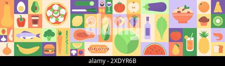 Abstract geometric food in square tiles. Fruits and vegetables. Coffee wine cocktail burger pizza sushi muffin hot dog shrimp noodles racy vector set Stock Vector