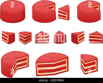 Cake pieces infographics. Sweet dessert piece and full in various view. Infographic elements, half and parts for different business info, nowaday Stock Vector