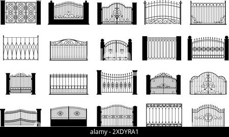 Black ornate fence elements. Isolated decorative fences gates. Ornamental railings for garden terrace or home balcony. Outdoor architecture vector set Stock Vector