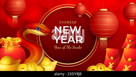 Happy Chinese New Year 2025 banner template, Snake zodiac sign with golden chinese ornaments. Stock Vector