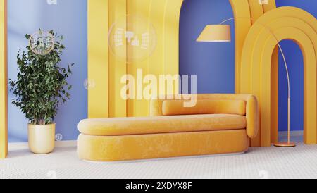 Modern living room interior with orange sofa and floor lamp, yellow arches and blue wall, soap bubbles, 3d render Stock Photo