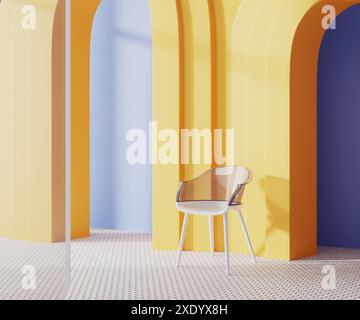 Interior with modern chair and yellow arches, blue walls and glass partition, 3d rendering Stock Photo