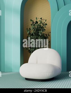 Interior with white armchair, blue arches and yellow wall, 3d rendering Stock Photo