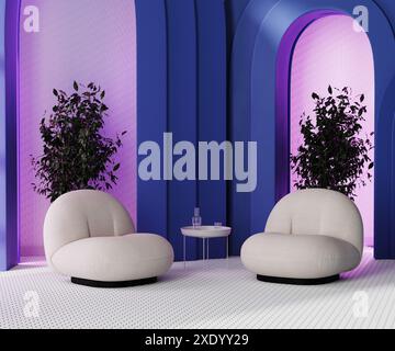 Room with blue arches with pink light and mosaic tiled floor, armchairs with coffee table, 3d render Stock Photo