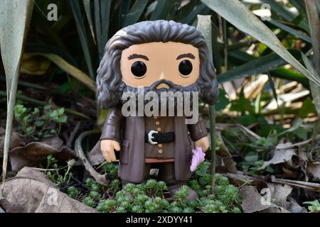 Funko Pop action figure of gamekeeper half-giant Hagrid with umbrella from fantasy movie Harry Potter. Fabulous forest, moss, plants, leaves, grass. Stock Photo