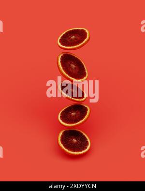 Floating/flying/falling sliced fresh graipfruit on orange background, 3d rendering Stock Photo