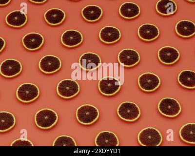 Orange surface covered with graipfruit slices, fruit geometric background, flatlay, 3d rendering Stock Photo