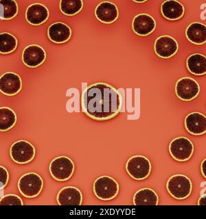 Red orange slices on orange surface, surrounding fruits, 3d rendering Stock Photo