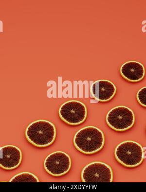 DIagonal placed graipfrut slices on orange background, fruity background concept, 3d rendering Stock Photo