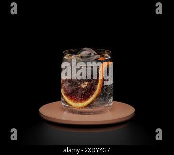 Glass with drink, ice, citrus fruit slice on black background, cocktail concept, 3d  rendering Stock Photo