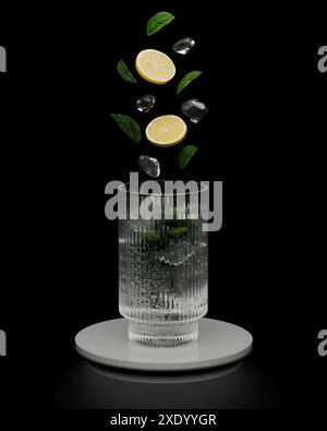Lemon slices, ice cubs and mint leaves falling into glass with drink on black background, 3d rendering Stock Photo