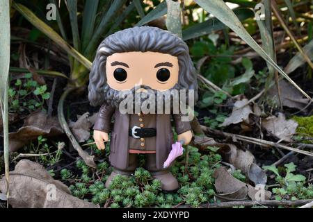 Funko Pop action figure of gamekeeper half-giant Hagrid with umbrella from fantasy movie Harry Potter. Fabulous forest, moss, plants, leaves, grass. Stock Photo