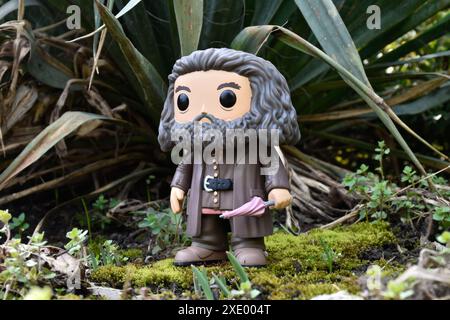 Funko Pop action figure of gamekeeper half-giant Hagrid with umbrella from fantasy movie Harry Potter. Fabulous forest, moss, plants, leaves, grass. Stock Photo