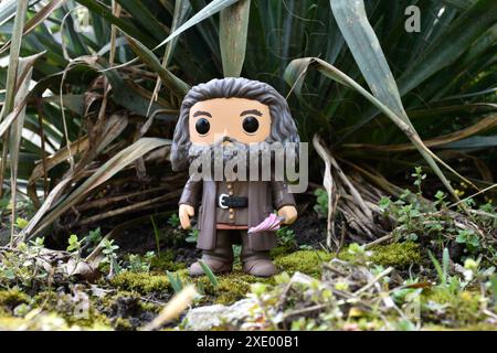 Funko Pop action figure of gamekeeper half-giant Hagrid with umbrella from fantasy movie Harry Potter. Fabulous forest, moss, plants, leaves, grass. Stock Photo