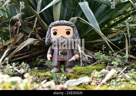 Funko Pop action figure of gamekeeper half-giant Hagrid with umbrella from fantasy movie Harry Potter. Fabulous forest, moss, plants, leaves, grass. Stock Photo