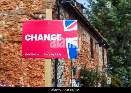 A Labour Party sign reading Change outside a cottage on the north Norfolk coast. Stock Photo