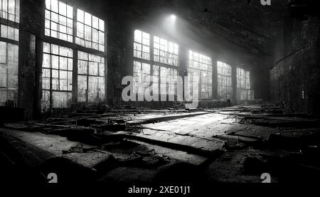 Illustration of a dark scary abandoned factory floor in black and white Stock Photo