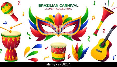 Brazilian carnival elements collection with trendy and colorful flat design Stock Vector