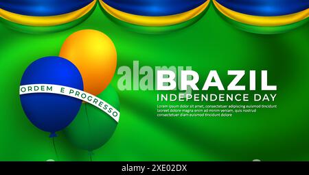 Brazil Independence day background, with waving Silk Flag and balloon vector Illustration. Translation: order and progress Stock Vector
