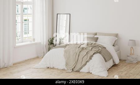 Modern bedroom interior, white bed and beige blanket, mirror, wooden floor, parisian style, 3d render Stock Photo