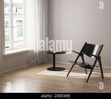 Black chair and coffee table near window with curtains, white wall, wooden floor, 3d render Stock Photo