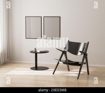 Two poster frames mockup on white wall, black chair and coffee table, 3d render Stock Photo