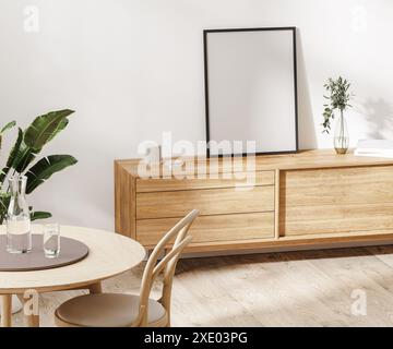 Blank frame mockup on wooden dresser in dining room, home interior mockup, 3d rendering Stock Photo